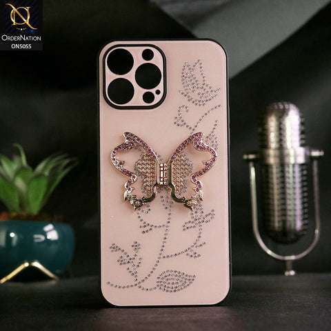 iPhone 14 Pro Cover - Golden - Tybomb Cute Shiny Rhinestones Butterfly Holder Stand Soft Borders Case