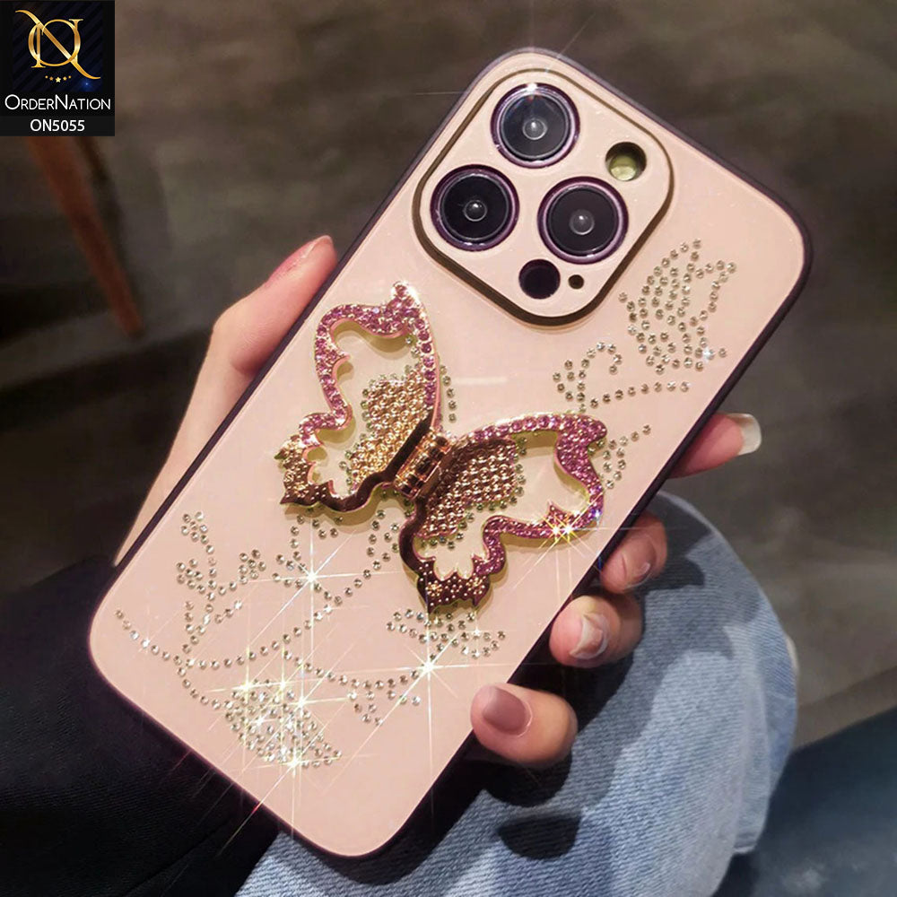 iPhone 15 Pro Cover - Golden - Tybomb Cute Shiny Rhinestones Butterfly Holder Stand Soft Borders Case