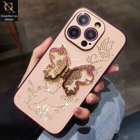 iPhone 15 Pro Cover - Golden - Tybomb Cute Shiny Rhinestones Butterfly Holder Stand Soft Borders Case