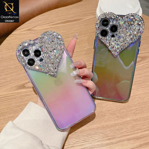 iPhone 15 Pro Max Cover - Purple - Shiny Bling Rhinestones 3D Heart Laser Electroplating Gradient Colour Soft TPU Case