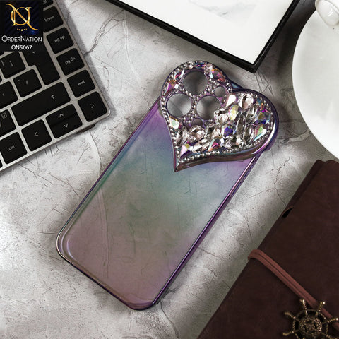 iPhone 15 Pro Max Cover - Purple - Shiny Bling Rhinestones 3D Heart Laser Electroplating Gradient Colour Soft TPU Case