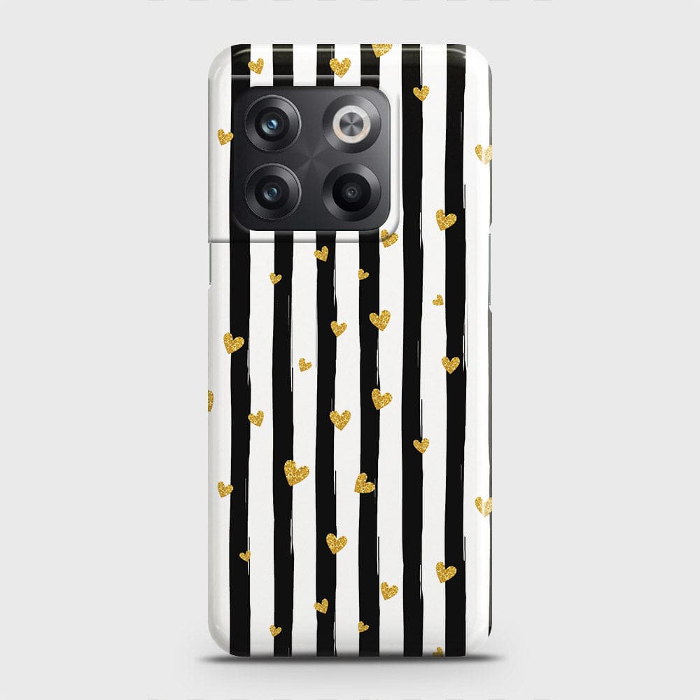 OnePlus 10T Cover - Trendy Black & White Lining With Golden Hearts Printed Hard Case with Life Time Colors Guarantee