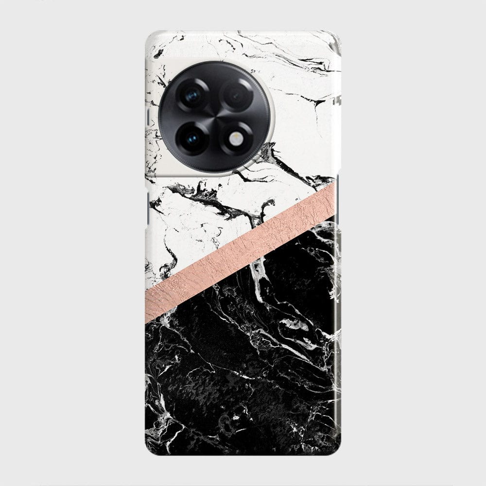 OnePlus 11R Cover - Black & White Marble With Chic RoseGold Strip Case with Life Time Colors Guarantee