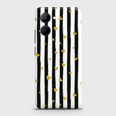 Realme C33 Cover - Trendy Black & White Lining With Golden Hearts Printed Hard Case with Life Time Colors Guarantee