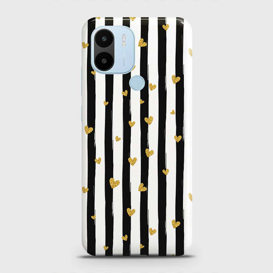 Xiaomi Redmi A1 Plus Cover - Trendy Black & White Lining With Golden Hearts Printed Hard Case with Life Time Colors Guarantee