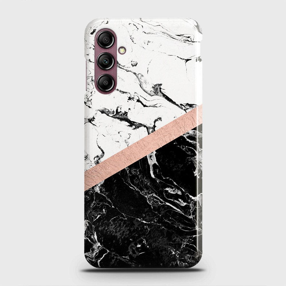 Samsung Galaxy A14 4G Cover - Black & White Marble With Chic RoseGold Strip Case with Life Time Colors Guarantee