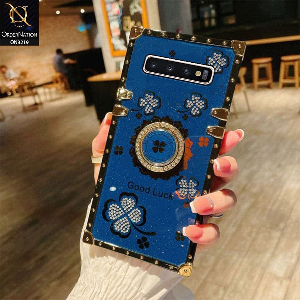 Samsung Galaxy S10 Plus Cover - Blue - Square Bling Diamond Glitter Soft TPU Trunk Case with Ring Holder