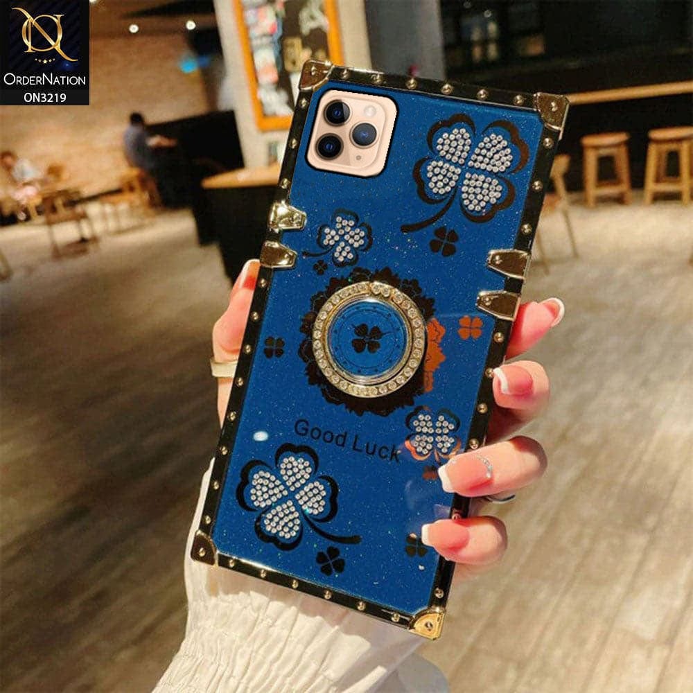 iPhone 11 Pro Max Cover - Blue - Square Bling Diamond Glitter Soft TPU Trunk Case with Ring Holder