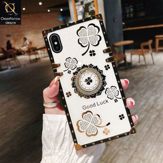 iPhone XS / X Cover - Ash White - Square Bling Diamond Glitter Soft TPU Trunk Case with Ring Holder