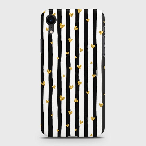iPhone XR - Trendy Black & White Lining With Golden Hearts Printed Hard Case With Life Time Colors GuaranteeB