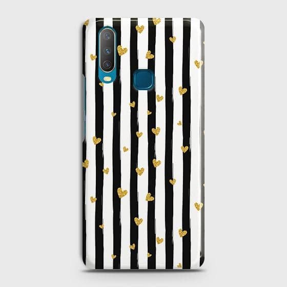 vivo Y15 Cover - Trendy Black & White Lining With Golden Hearts Printed Hard Case with Life Time Colors Guarantee