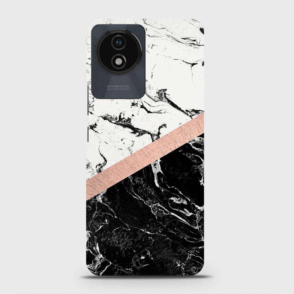 Vivo Y02 Cover - Black & White Marble With Chic RoseGold Strip Case with Life Time Colors Guarantee