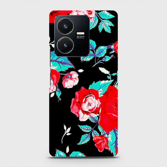 Vivo Y22 Cover - Luxury Vintage Red Flowers Printed Hard Case with Life Time Colors Guarantee