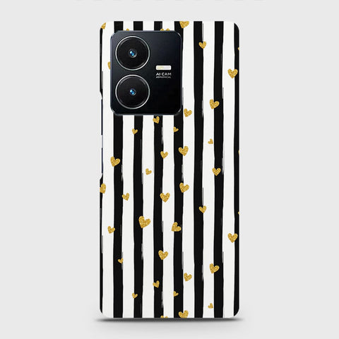 Vivo Y22s Cover - Trendy Black & White Lining With Golden Hearts Printed Hard Case with Life Time Colors Guarantee