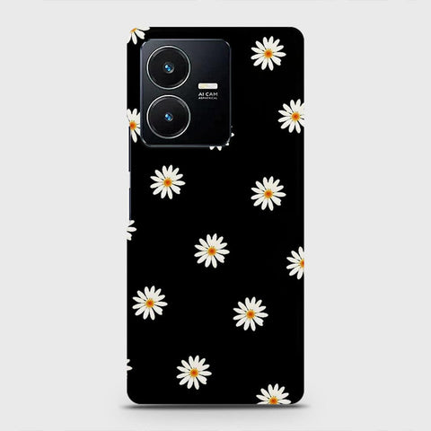 Vivo Y22s Cover - White Bloom Flowers with Black Background Printed Hard Case with Life Time Colors Guarantee