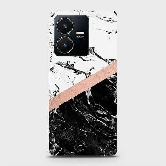 Vivo Y22 Cover - Black & White Marble With Chic RoseGold Strip Case with Life Time Colors Guarantee