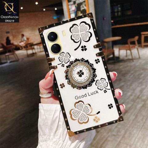 Vivo Y02s Cover - Ash White - Square Bling Diamond Glitter Soft TPU Trunk Case with Ring Holder